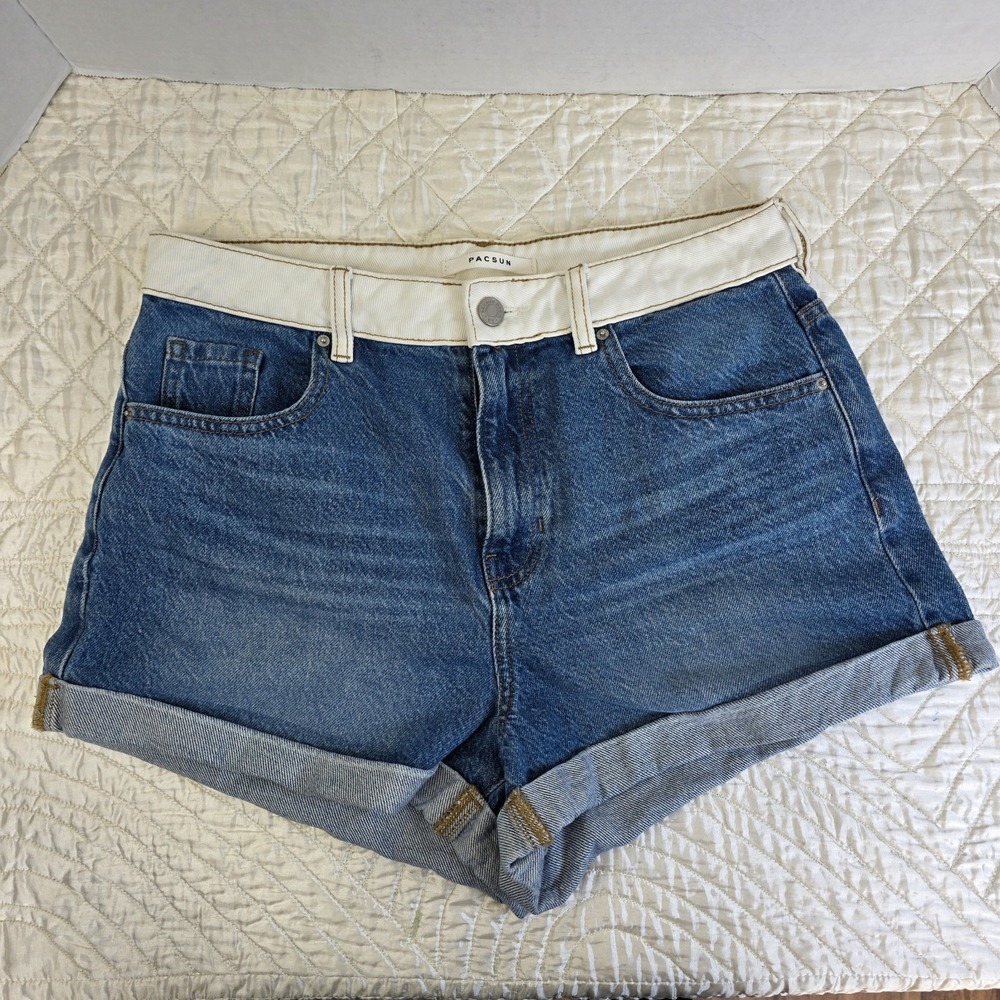 PacSun Mom Shorts 2 Tone White Waist High Rise Blue Size 28 Summer Beach Cuffed‎